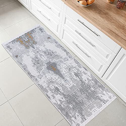 Fashion4Home Teppich Läufer - Tepiche für Wohnzimmer, Schlafzimmer, Küche, Kinderzimmer, Badezimmer - Boho Kelim - Läufer Flur, Abstract-Grau-Gold, Größe: 80x200 cm