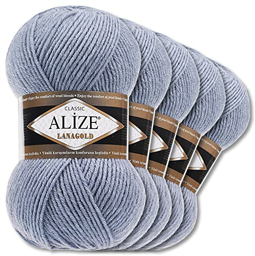 Wohnkult Alize 5 x 100 g Lanagold Wolle | 53 Auswahl | Stricken Häkeln Wolle (221 | Hellblau Melange)