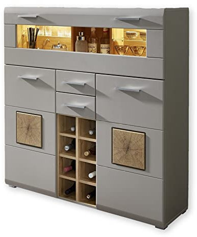 Stella Trading FUN PLUS 2 Barschrank in Basalt mit Hirnholz-Applikationen - Modernes Highboard mit LED-Beleuchtung - 120 x 129 x 37 cm (B/H/T)