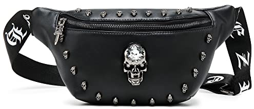 Bauchtasche Damen Herren,Schwarz Leder Gürteltasche,Fanny Pack(Skull-1) | Klein Totenkopf Entworfen Bauchtasche Festival,Stylisch Bauchtadche Herren Damen Leder für Reisen Einkaufen
