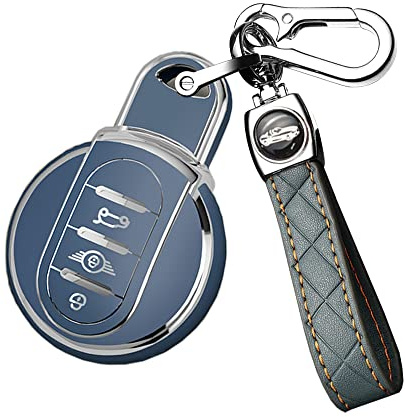 ontto Autoschlüssel Hülle Passt für BMW Mini Schlüssel hülle TPU Silikon Schutzhülle für Mini F54 F55 F56 F57 F60 Cooper S D Works Clubman Cabrio Countryman Fernbedienung Zubehör 3 Tasten-Grau Blau