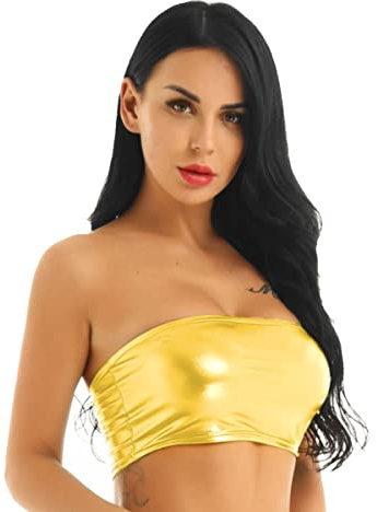 Top de Tubo Brillante para Mujer, Top de Tubo Corto sin Tirantes metálico Rave Bandeau Bra para Fiesta Clubwear, Chaleco Sexy básico Causal básico elástico sin Relleno para Bailar, Festivales