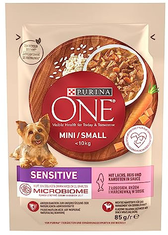 PURINA ONE Mini/Small Sensitive Hundefutter nass für kleine Hunde, reich an Lachs & Reis, 26er Pack (26 x 85g)