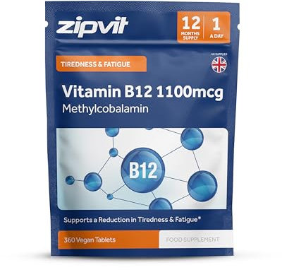 Zipvit Vitamin B12 Tablets High Strength 1100mcg, 1 Year Supply, Pure Methylcobalamin, 360 Vegan Tablets, Reduces Tiredness, Supports Energy and Immunity, Eco Pouch