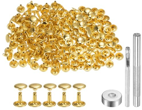 QUARKZMAN 100 Ensembles de Rivets en Cuir 10 x 10 mm, Attaches à Double Capuchon en Métal, Attaches Pression, avec 3 Outils de Pose, pour Projets d'Artisanat en Cuir, Ton Doré