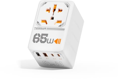 TESSAN Universal Travel Adapter Worldwide 65W, International Plug Adaptor with 4 USB (2 USB C) Charging Ports, Power Outlet for US to European EU UK AUS Ireland(Type C, G, A, I), White