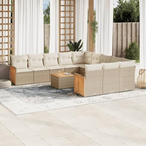 Rantry 12-TLG. Gartenmöbel Set mit Kissen Gartensofa Balkonmöbel Gartenlounge Balkonsofa Loungesofa mit Gartentisch Ecksofa Ecklounge Sitzgruppe Loungemöbel Beige Poly Rattan