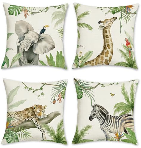 Bonhause Tropical Animals Cushion Covers 45 x 45 cm Elephant Giraffe Leopard Zebra Decorative Throw Pillow Covers for Sofa Bed Home Garden Outdoor Summer Decor Set of 4