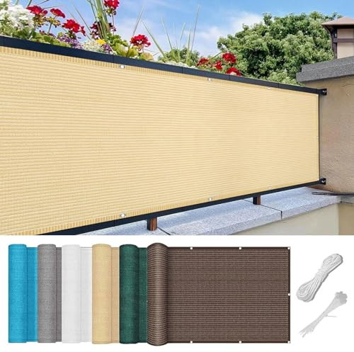 Balkon Sichtschutz Ohne Bohren 70 x 350 cm HDPE Atmungsaktiv Balkonsichtschutz mit Ösen Reißfest, mit Ösen Kabelbinder für Garten Balkon Zaun Terrassen, Creme Farben