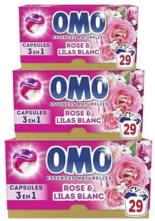 OMO - Lessive liquide en capsules 3 en 1 Rosir de Plaisir - 87 lavages - Rose et Lilas Blanc - propreté éclatante & parfum longue durée aux essences naturelles (lot de 3x29)