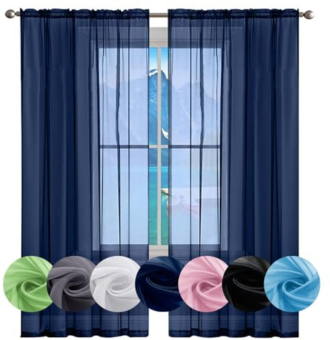 GAIFNAG Gardinen Gestreift Transparent 230 x 90 cm Weiss Halbtransparent mit Ösen, Luftig, Modern Und Langlebig Fadenvorhang mit Stangendurchzug für Fenster, Zuhause, Terrasse, Dunkelblau
