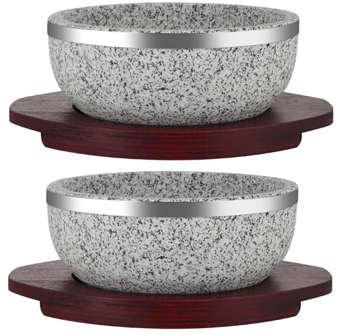 Sanbege Granitsteinschüssel, 900 ml, Dolsot Topf mit Holzsockel zum Kochen und Servieren von koreanischem Bibimbap, Suppe, Reis, Ramen, Eintopf, 2 Stück