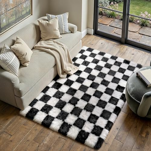 HUGEAR Rutig Hög Lugg Matta Vardagsrum 120x180cm Svart Vit Mjuk Modern Mysig Fluffig Barnmatta Halkfri Tvättbar Stor Mattor Flickor Sovrum Barnrum Lurvig Golvmatta