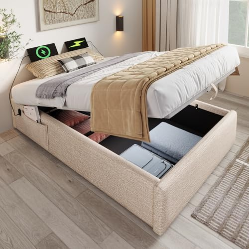 Dolamaní Polsterbett 90x200 cm ohne Kopfteil Bett mit Struraum, Struraumbett Einzelbette Bettgestell mit Vollflächiger Lattenrost, Leinen, Funktionsbett Ohne Matratze (Natürlich)