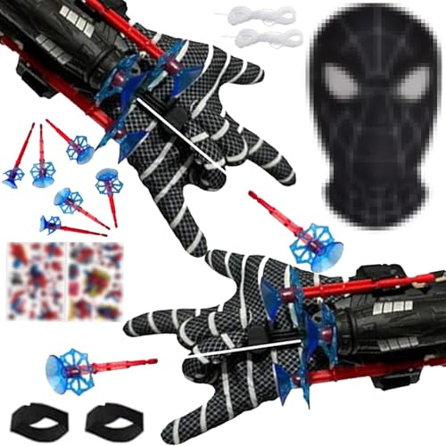 STFYUG Lot de 2 Gant De Lanceur Spiderm, Lance Toile Spiderm, Spiderm Jouet, Spiderm Launcher avec Masque et Autocollants Jouet Spiderm pour Noël Spiderm Gant EE Cosplay pour Enfants