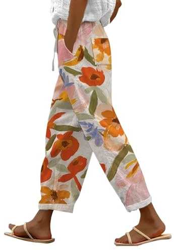 LinRim Leinenhose Damen Hose Sommer Musselin Leinen Hosen Stoffhose Freizeithose Gerade Geschnitten Strandhose Bequeme Causal Locker Palazzo Hose Sommerhose mit Taschen