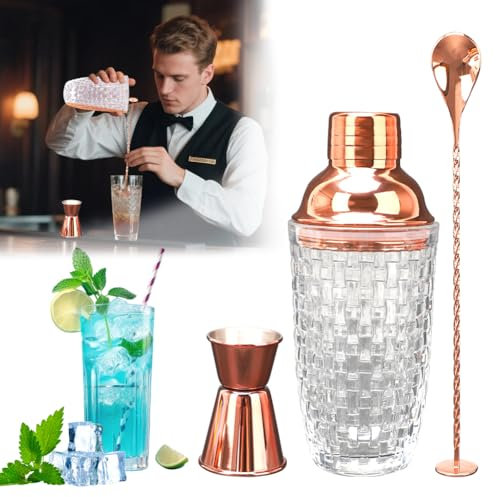 Coctelera de acero inoxidable, tapa de acero inoxidable, colador integrado, coctelera para cócteles, cuchara, 4 piezas (patrón de tejido de oro rosa)