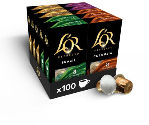 L'Or Espresso Café - Assortiment de 100 capsules collection Origines | Compatibles Nespresso®*, lot de 10 x 10 capsules aluminium (20 Brazil + 20 India + 30 Guatemala + 30 Colombia)