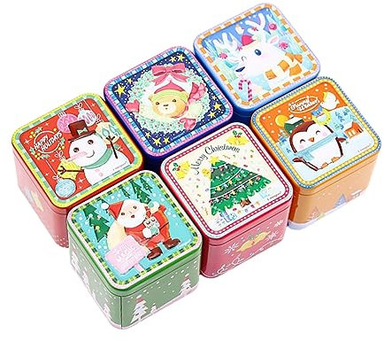 HOLIDYOYO Christmas Tinplate Biscuit Box Set 6pcs Square Cookie Storage Jars Lids, Metal Candy Container for Holiday Sweets and Baking Packaging Random Style