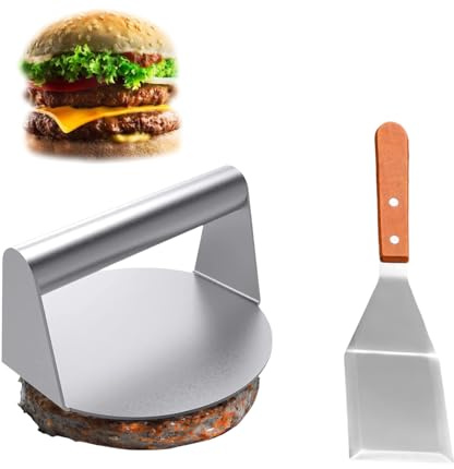 Burgerpresse, Edelstahl Burgerpresse 15,7cm, Holzgriff Spachtel 17cm, BBQ, Patties, Steak und Sandwich, Robust & Hitzebeständig
