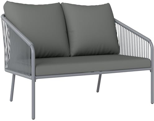 Outsunny Gartensofa mit Kissen 2-Sitzer Sofa Outdoor Balkon Sofa Rattansofa Polyrattan Gartenmöbel Balkonmöbel 112 x 72 x 76 cm Grau