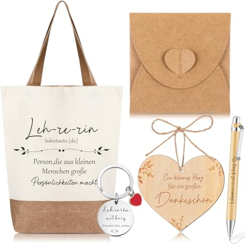 Xuniea 6er Set Abschiedsgeschenk Lehrerin Dankeschön Geschenke für Erzieherin Jutebeutel Schlüsselanhänger Kugelschreiber Lehrerin mit Herz Umschlag Holzanhänger Dankeschön mit 50 cm Hanfseil(Blatt)