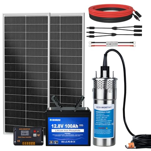 DCHOUSE Kit de pompe à eau pour puits profonds, avec pompe à eau submersible 12V CC + 2 panneaux solaires de 100W + batterie Bluetooth 100Ah + régulateur 20A pour fontaines, étangs, fontaines