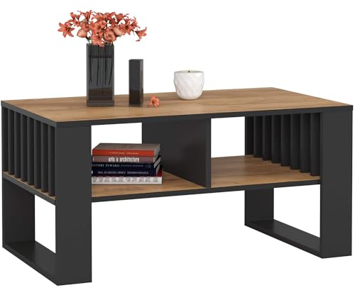 AKORD Couchtisch Holz Rockford mit einem Regal, 92x45x53cm, Für Wohnzimmer, Schlafzimmer Schrank, Minimalistisch Modernes Design, Schichtstoffplatte 16mm, Farbe Handwerkliche Eiche & Schwarz