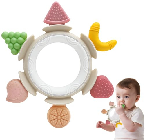 Bitring spädbarn silikon leksak nyfödda baby 0 3 6 12 månader, sensorisk tandleksak smärtlindrande tandsprickningsleksak, perfekt föd elsedags- jul- resevänlig leksak present för flickor pojkar, brun