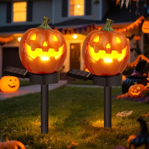 2 Stück Kürbis Solarlampen für Halloween Deko Outdoor,Solar Kürbis Deko Solarleuchten für Außen Halloween Dekoration Draußen Wetterfest Gartenleuchten,Herbstdeko Solarlampen für Außen Gartendeko