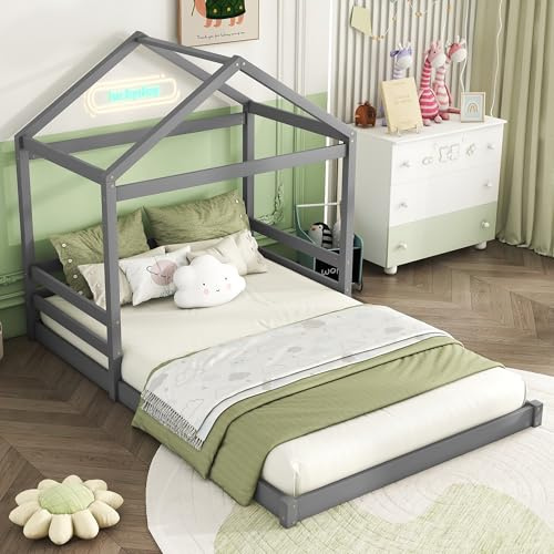 OKMYHOME Kinderbett, 140 x 200 cm, Deko-Hüttenbett, aus Holz mit Latten, verspielter Stil, ohne Matratze, Kiefer und MDF, Farbe Grau