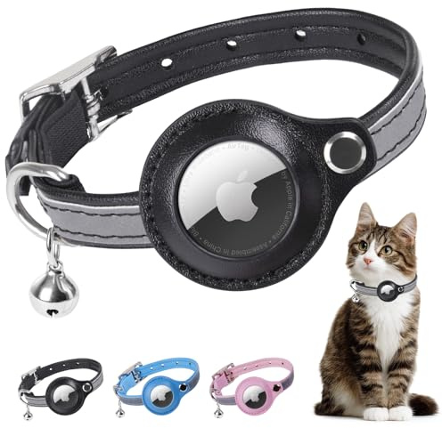 PICK FOR LIFE Airtag Cat Collar, Reflective Leather Kitten Collar with Apple Air Tag Holder and Bell, Lightweight GPS Tracking Pet Collars for Girl Boy Cats, Small Dogs, Puppies (7.5-10, Black)