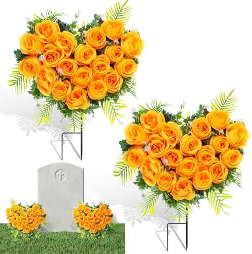 Luinabio 2 Sets Memorial Day Cemetery Flowers for Grave Memorial Grave Wreath with Ground Spike Yellow Rose Heart Spring Easter Flower Bouquet for Headstone Graveside Outdoor Decorations