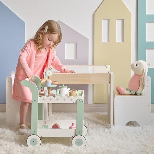 Teamson Kids Afternoon Sip Dessert Cart with 24 Pcs Tea & Dessert Set, White/Mint Green Pretend Play Toy Cart with Rolling Wheels for Toddlers & Girls, Encourages Imaginative Play, Ages 3 and Up