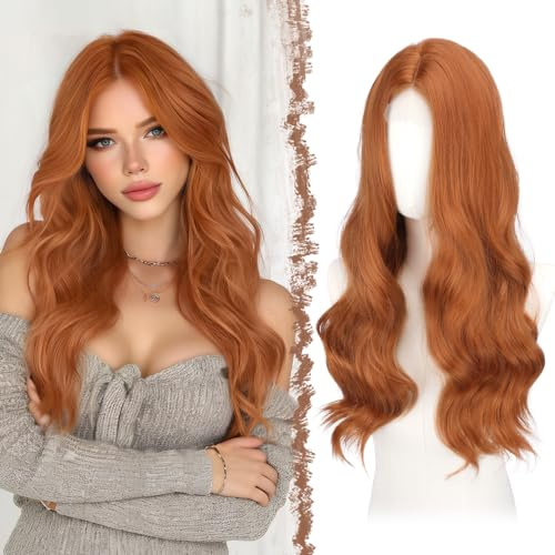 FESHFEN Perücke Rotbraun für Damen Synthetik Lace Front Gewellt Perücken | 60 cm Lange Wellig Haarperücke Kunsthaar Natürlich Hitzebeständig Wig für Täglich Karneval Cosplay Party