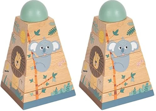 Small Foot Stapelturm Safari aus Holz, Motorikspielzeug zum Stapeln mit Tier-Motiven, für Kinder ab 12 Monaten, 12320 (Packung mit 2)