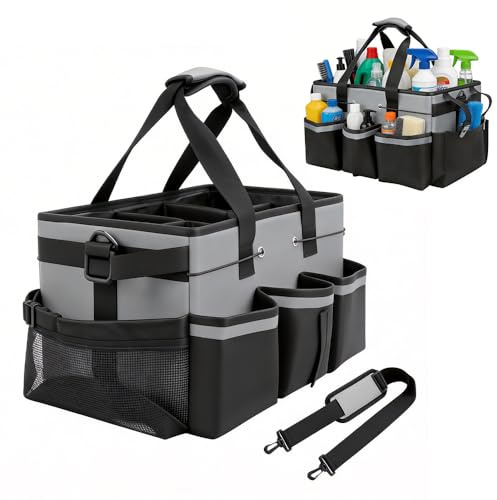 Wxeadu Cleaning Caddy Bag, Cleaning Caddy with Handle, Multi-Compartment Cleaning Products Organiserwith Adjustable Shoulder Straps, Large Cleaning Tote Bag for Housekeeper, Home, Car, Garden (Gray)