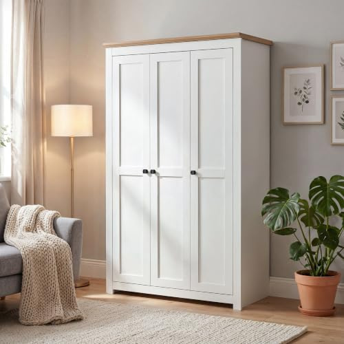 Dako Furniture® 3 Door Wardrobe MILFORD with Shelves & Hanging Rail Soft Close Wooden Bedroom Storage Cabinet White & Oak Effect Triple Wardrobe