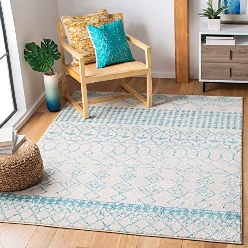 SAFAVIEH Boho Teppich für Wohnzimmer, Esszimmer, Schlafzimmer - Tulum Collection, Kurzer Flor, Elfenbein und Türkis, 160 X 229 cm
