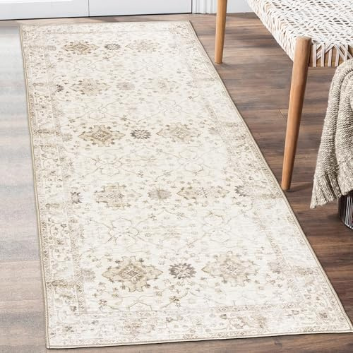 ReaLife - Alfombra ecológica lavable a máquina, resistente a las manchas, antideslizante, de fibras recicladas, apta para mascotas, no desprende fibra, borde desgastado, marfil, beis, 80 x 183 cm