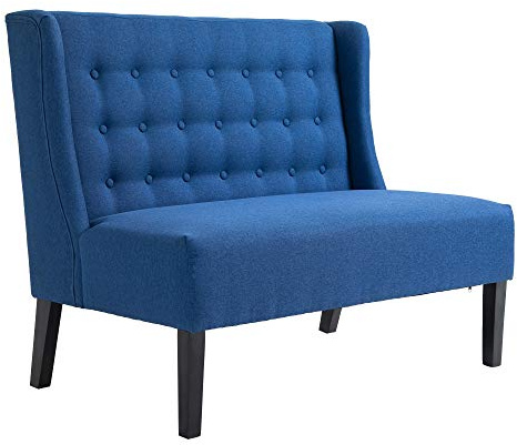 HOMCOM Wingback Double Sofa Linen Fabric Upholstery Button Tufted Loveseat Armless Couch Modern Contemporary Living Room Settee with Wood Legs, Blue