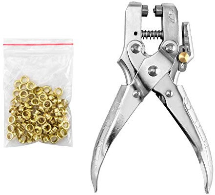 QWORK® Ösenzange Set Lochzange mit 100 Ösen , 16cm ösenpresse , mit Ösen 5mm Nieten , Ideales Werkzeug für Leder, Stoff, Gürtel, Kleidung