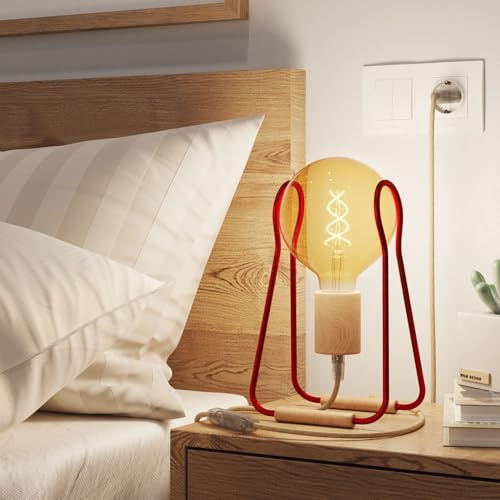 creative cables - Taché Wood, Tischleuchte, komplett mit Textilkabel, Schalter und 2-poligem Stecker - Ohne Glühbirne, Rot mit Juta-Kabel