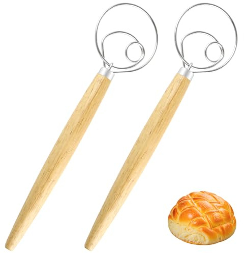 NANEEZOO Dänischer Teigbesen – Edelstahl Teigmischer mit Holzgriff Eierklopfer holländischer Schneebesen zum Backen Küche Mixen Werkzeuge für Teig Brot Gebäck und Pizza (2 Pack)