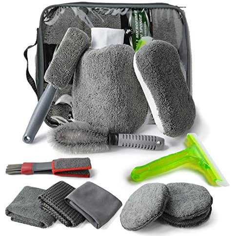 MEISHANG Auto reinigungsset Innen Aussen, Pflege Kit, Autopflege Reinigung, Reinige, Autowäsche Set mit Reifenbürste, Mehrzweck-Reinigungstüchern, Schwarz