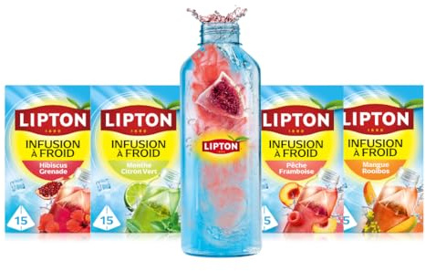 Lipton Coffret Cadeau Infuse à froid, 4 Parfums, Boisson d'été rafraichissante, Eau aromatisée healthy, Grenade Hibiscus, Pêche Framboise, Mangue Rooibos, Menthe Citron Vert, (60 sachets et 1 Gourde)