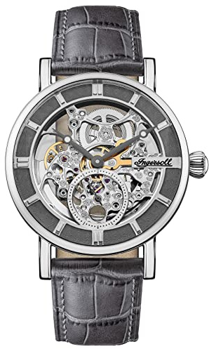 Ingersoll The Herald Herren-Automatikuhr, 40 mm, mit skelettiertem Zifferblatt und echtem Lederarmband I00401B