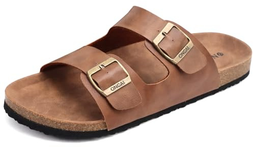 ONCAI Sandalias para Hombre con Punta Abierta, Cuero Cómodas de Playa con Hebilla Zuecos Mules para Hombre Verano Zapatillas de Corcho para Caballeros Caqui Talla 44.5