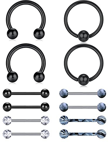 LAURITAMI 5 Pares Barras para Pezón 14G Piercing para Pezón Anillos Negro Acero Quirúrgico Joyería para Piercing 14/16mm