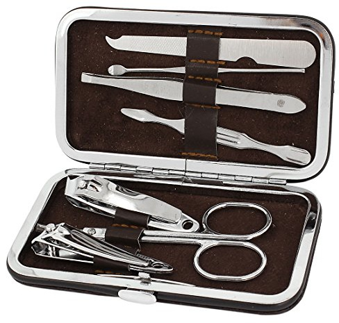 Ruilogod 7 en 1 Señora portátil tijeras podadoras de clavo Conjunto de plata del tono w Brown Box